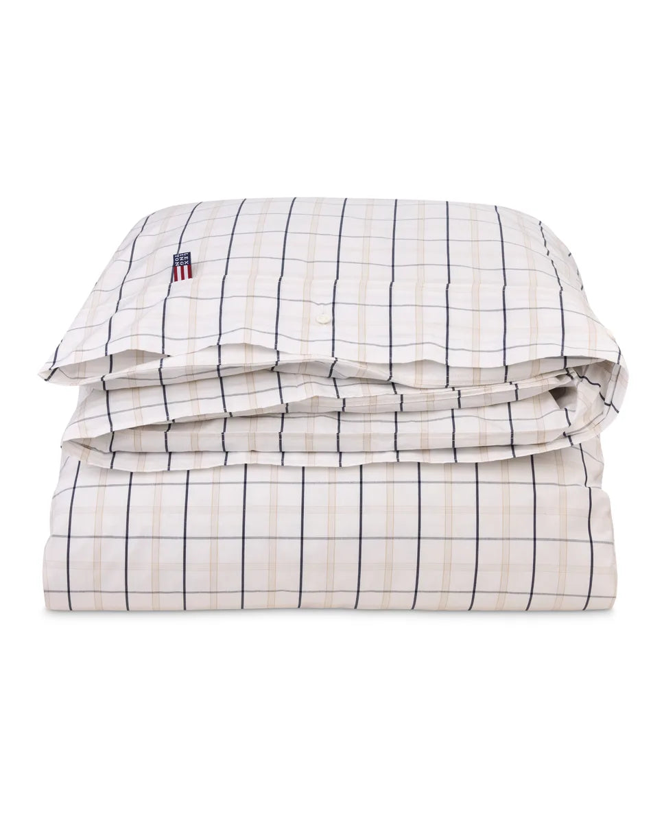 White/Beige/Navy Checked Cotton Poplin Duvet Cover