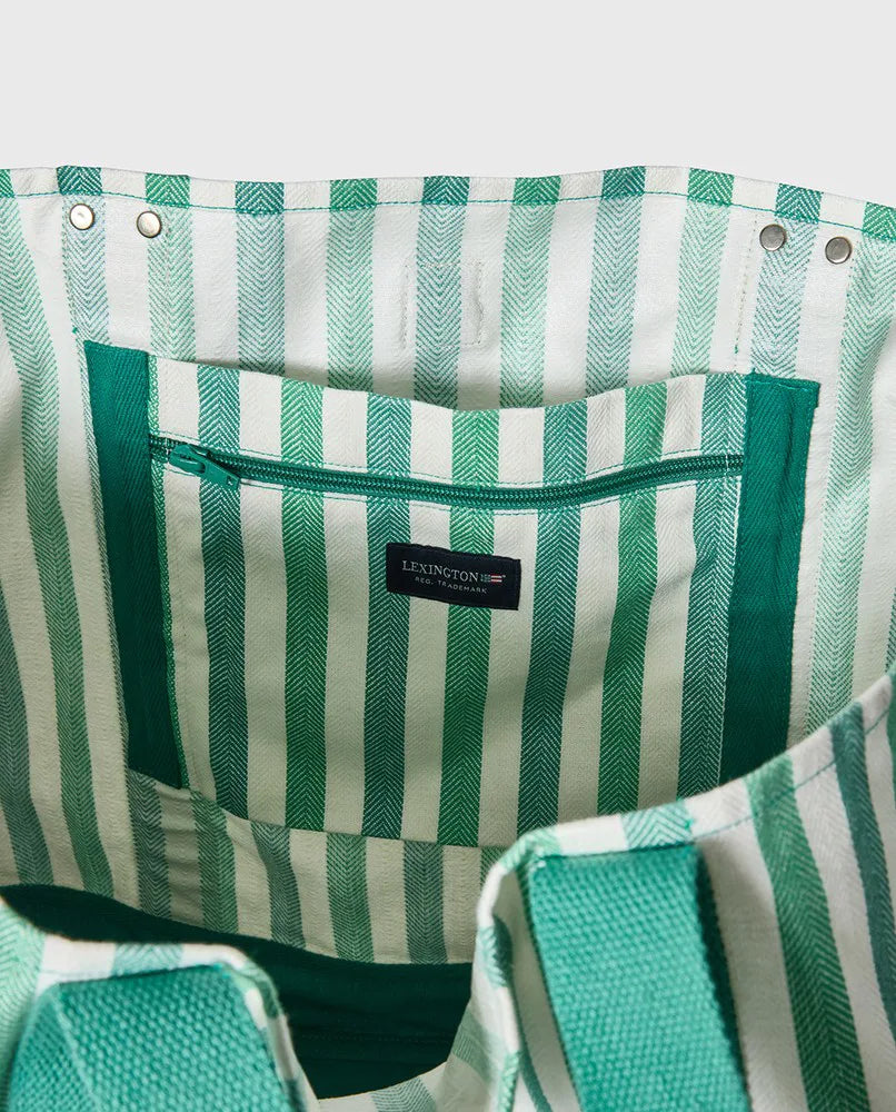 Torba plażowa w jodełkę z bawełny organicznej, zielona z wielopaskowym wzorem